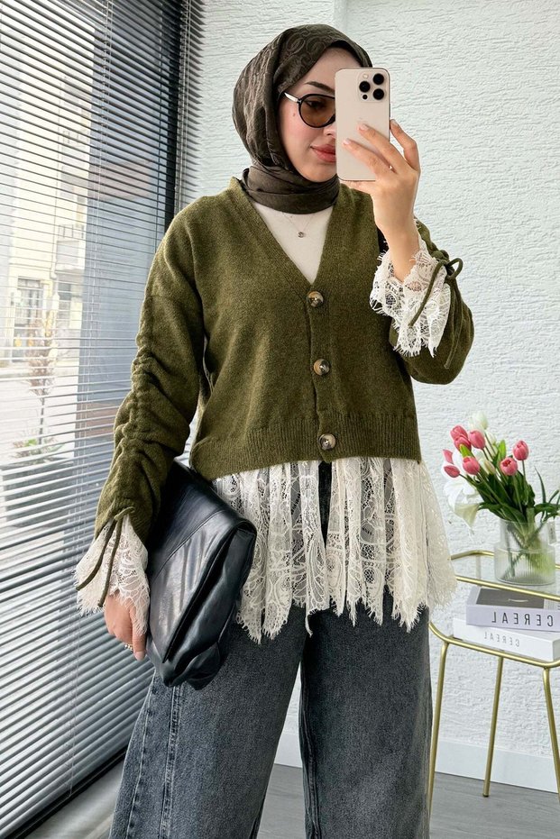 Premium Lace Detailed Sleeve Gathered Knitwear Cardigan - Khaki