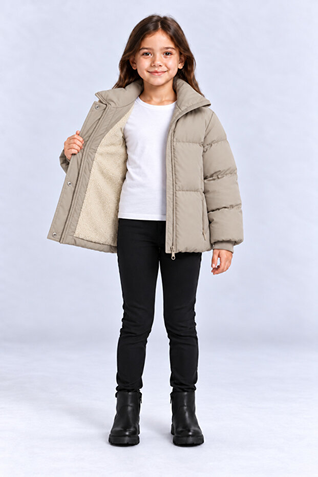 Beige Lilac Girls' Inflatable Coat with Stand Collar, Zipper and Pockets, Plush Lining Ak4304