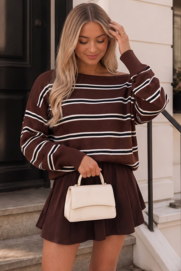 Off-Shoulder Wide Collar Striped Knit Sweater Fhmmzr004
