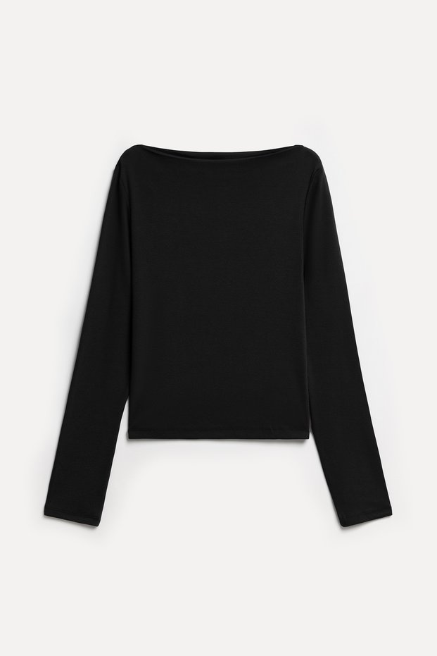 Women's Black Fitted Boat Neck Long Sleeve Blouse