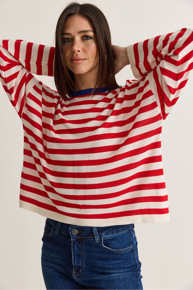 Women's Ecru-Red Striped Crew Neck Loose Mercerized Knitwear Sweater Tk261165 60286636