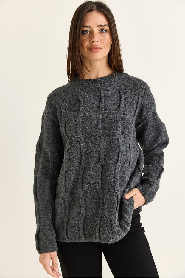 Women's Anthracite Textured Crew Neck Oversize Knit Sweater Tk261103 60286623