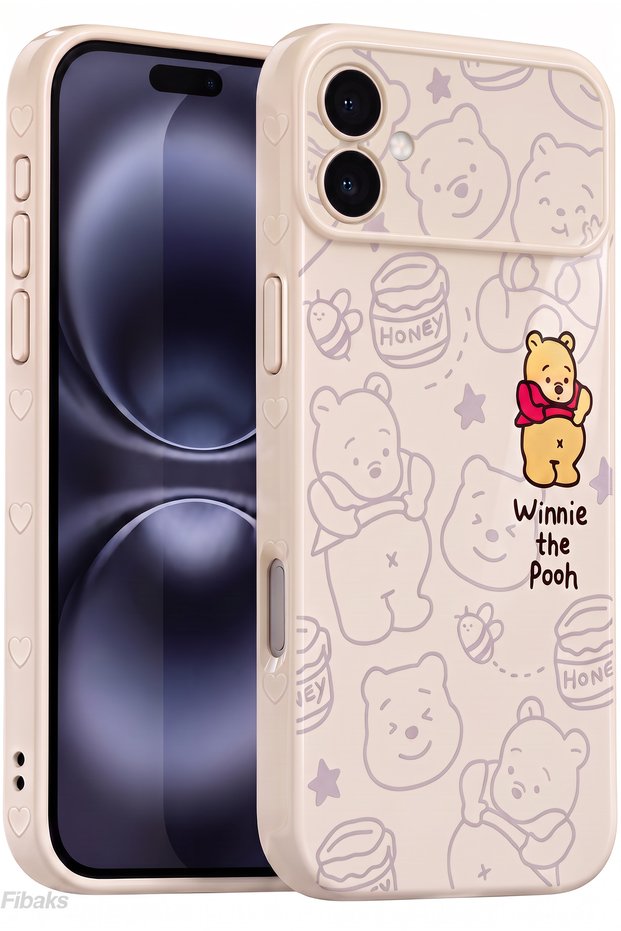 iPhone 16 Case Winnie the Pooh Patterned Flexible Silicone Phone Case with Camera Protection and Heart Detail