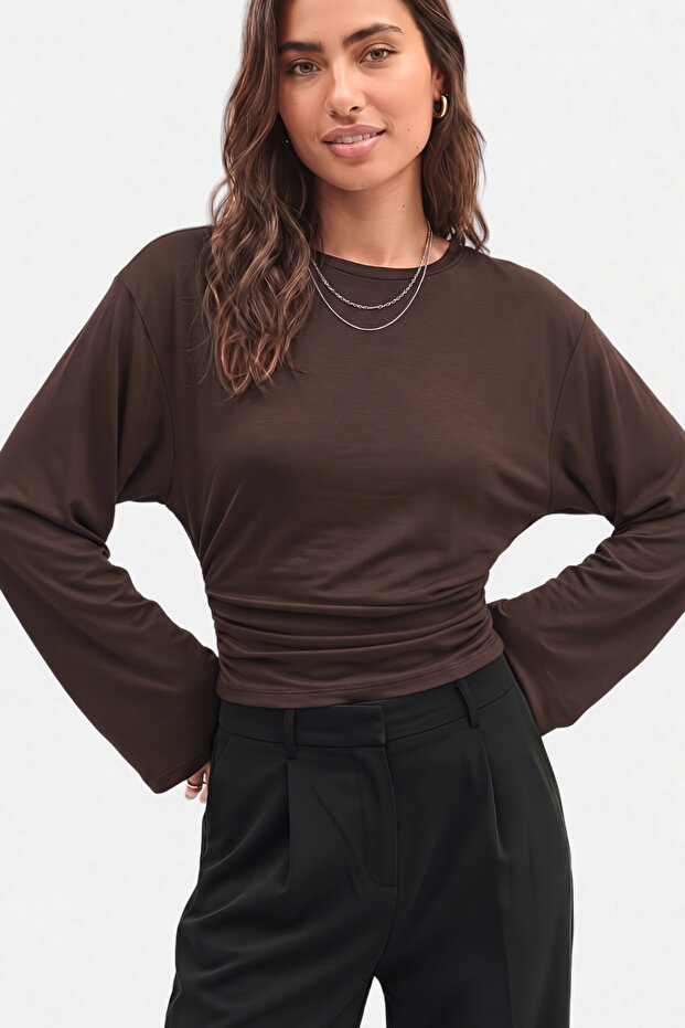 Brown Crew Neck Fitted Waist 97% Cotton Long Sleeve Blouse