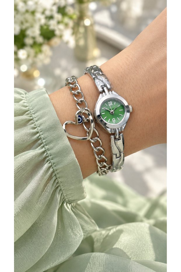 In Stylish Gift Box, Mini Case, Silver Color Cord Green Dial Women's Wristwatch+Bracelet