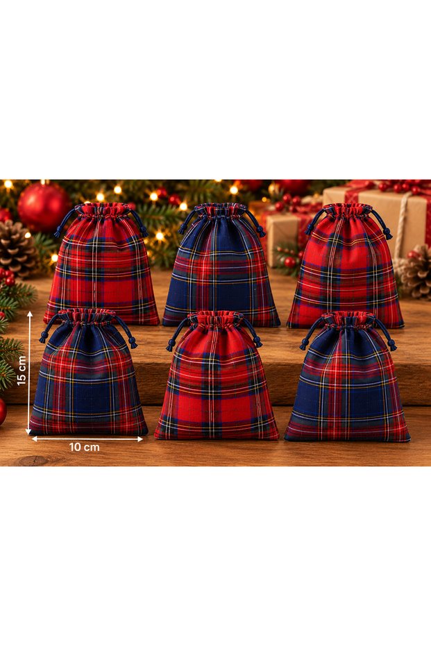 5-Piece New Year's Gift Bag 10X15 cm Red Navy Blue Plaid Patterned Drawstring Cloth Bag