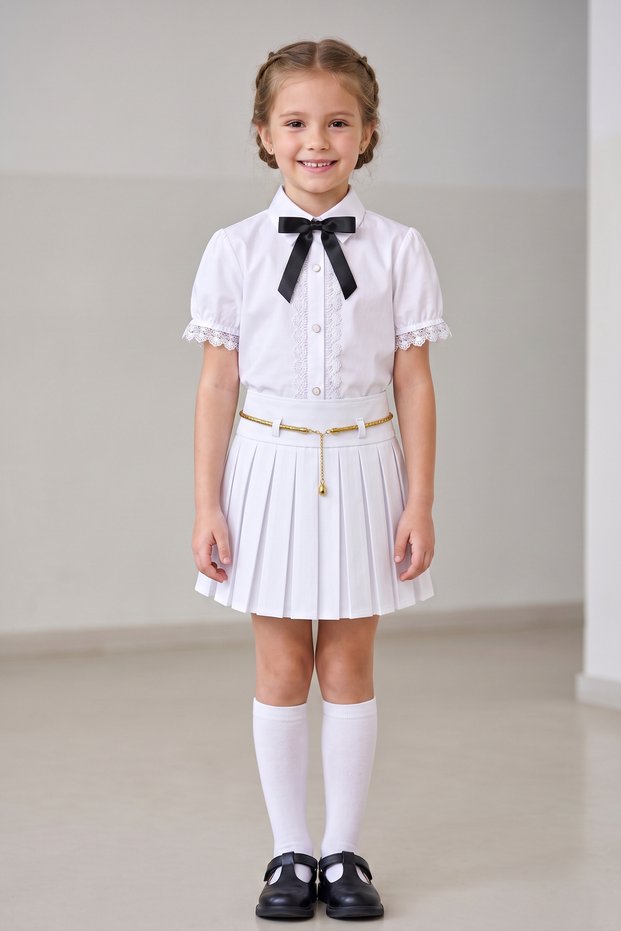 Girls' Short-Sleeved Lace Black Ribbon Shirt Yellow Chain White Pleated Skirt April 23 October 29 Show Outfit