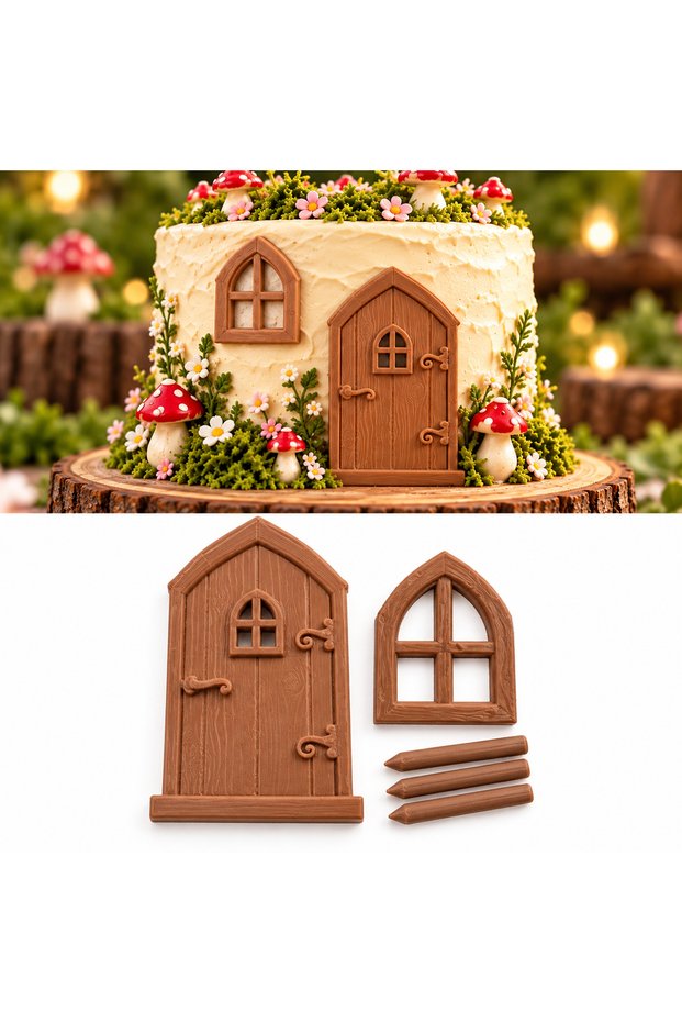 Fairy House Door and Window Cake Decoration Set Brown Mushroom House Themed Decor