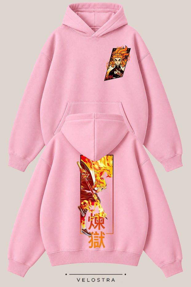 Unisex Demon Slayer Rengoku Printed Front and Back Design Oversize 3 Threaded Inner Ribbed Hooded Sweatshirt