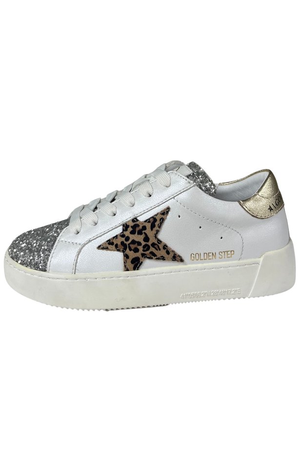 Girls' Sneakers – White-Silver-Leopard Genuine Leather