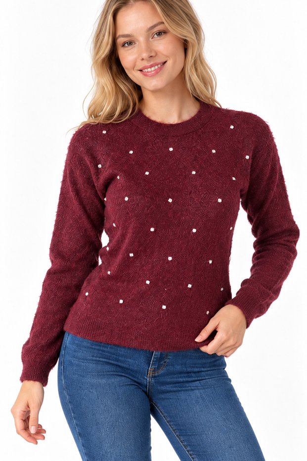Women's Front Stone Detailed Fuzzy Knitwear Blouse