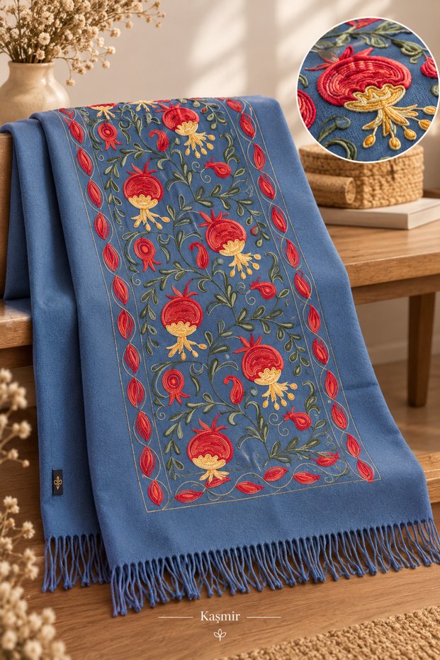 Women's Motif Embroidered Shawl with Tassels, Cashmere Luxe Ethnic Patterned