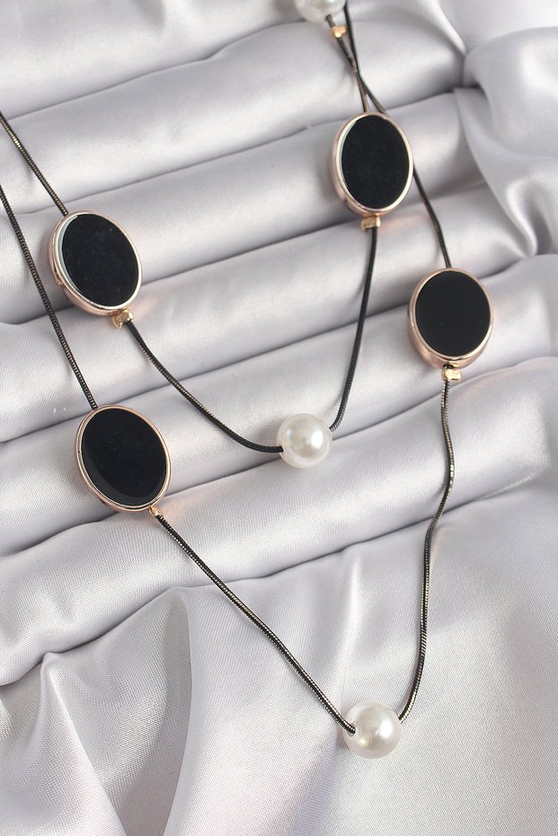 Brass Black Color Chain Pearl Detailed Multiple Women's Necklace