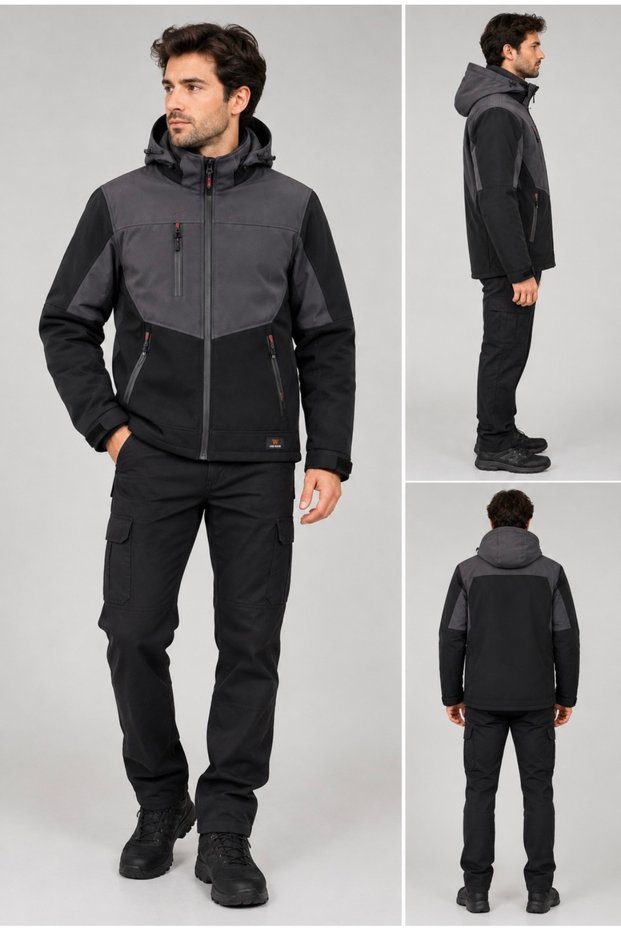 Kapüşonlu Siyah Antrasit Softshell Mont
