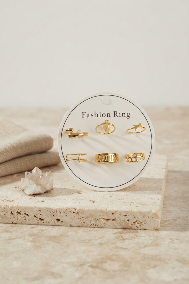 Gold Color Brass Bohemian Detailed 6-Piece Ring Set Byk4309