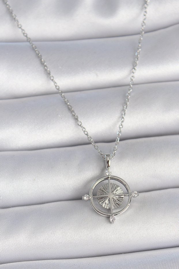 316L Steel Silver Color Chain Zircon Stone Compass Model Women's Necklace