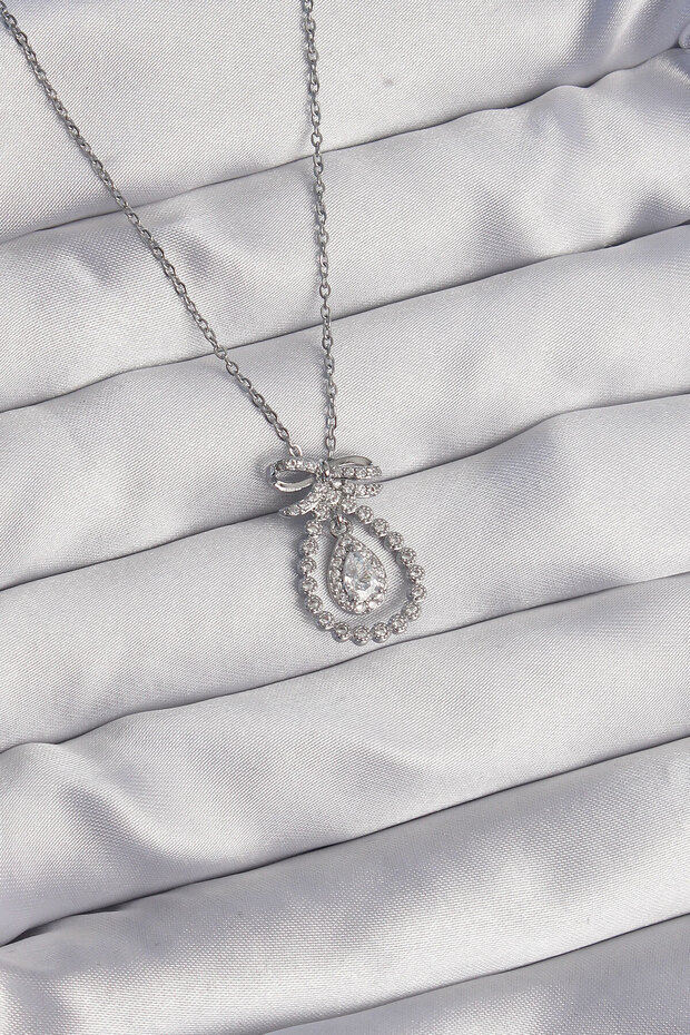 316L Steel Silver Color Bow Detailed Zircon Stone Drop Model Necklace