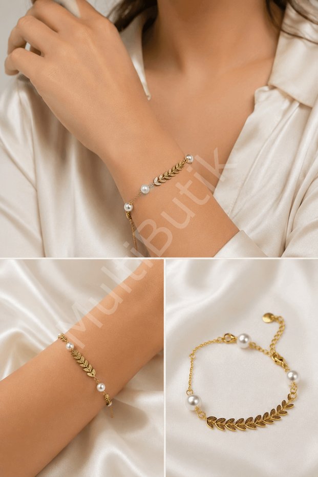 Pearl detailed leaf model steel women's bracelet