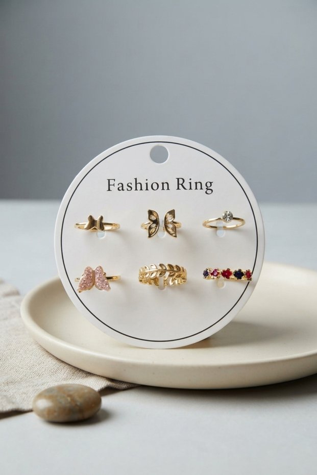 Gold Color Brass Butterfly Detailed 6-Piece Ring Set Byk4311