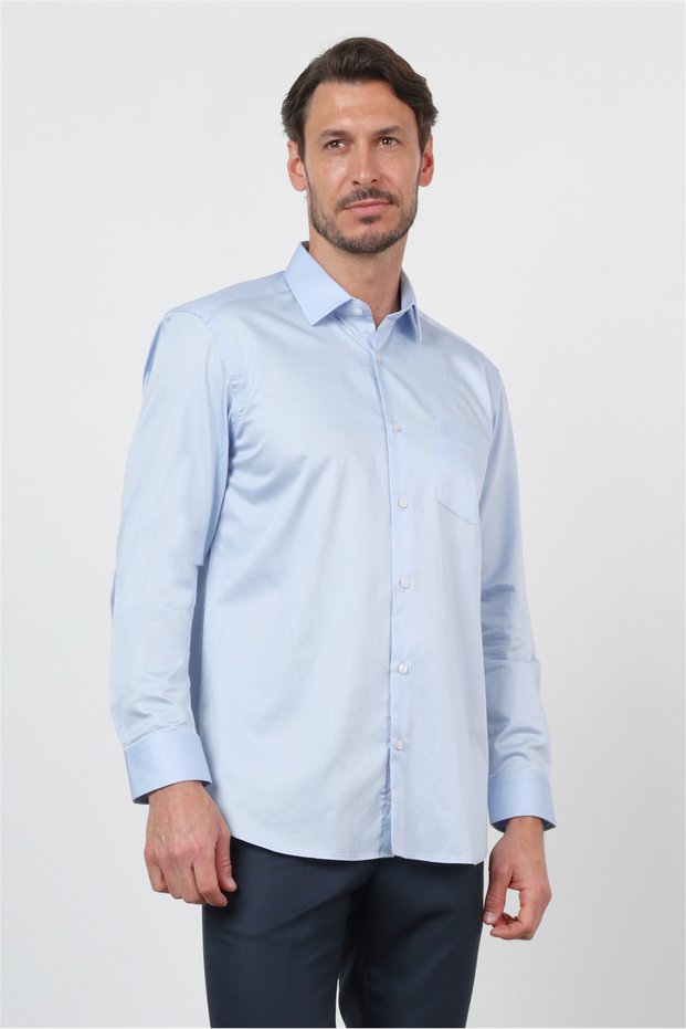 Blue Hard Collar Long Sleeve Pocketed Satin Comfort Fit 100% Cotton Shirt 1004260423