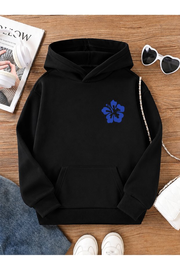 Adult Women's Black Hooded Printed 3 Thread Ribbed Winter Sweatshirt