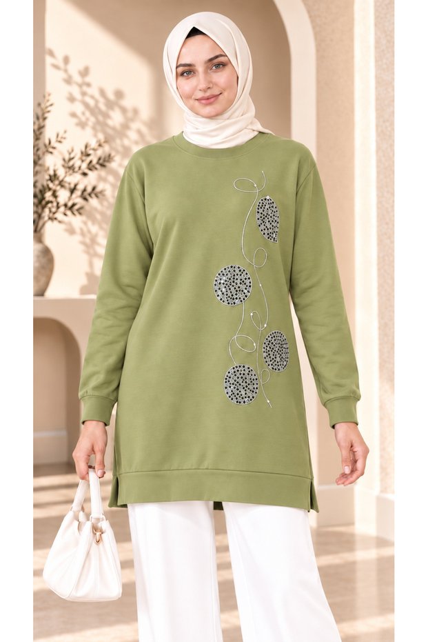 Women's Circle Stone Detailed Long Sweatshirt Tunic