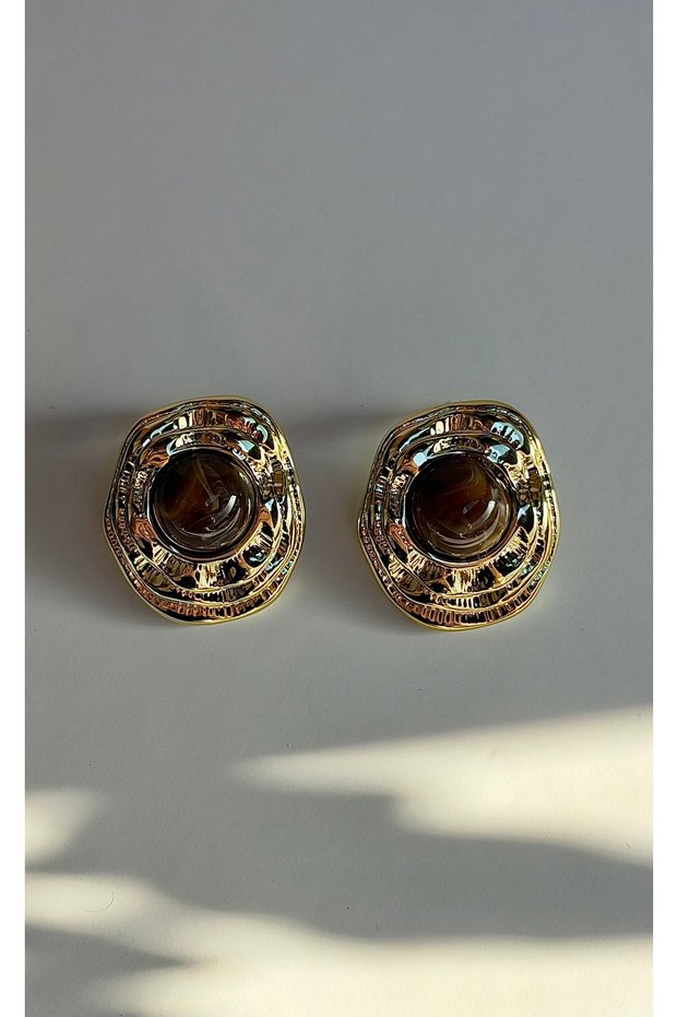 Gold Framed Brown Enamel Vintage Earrings