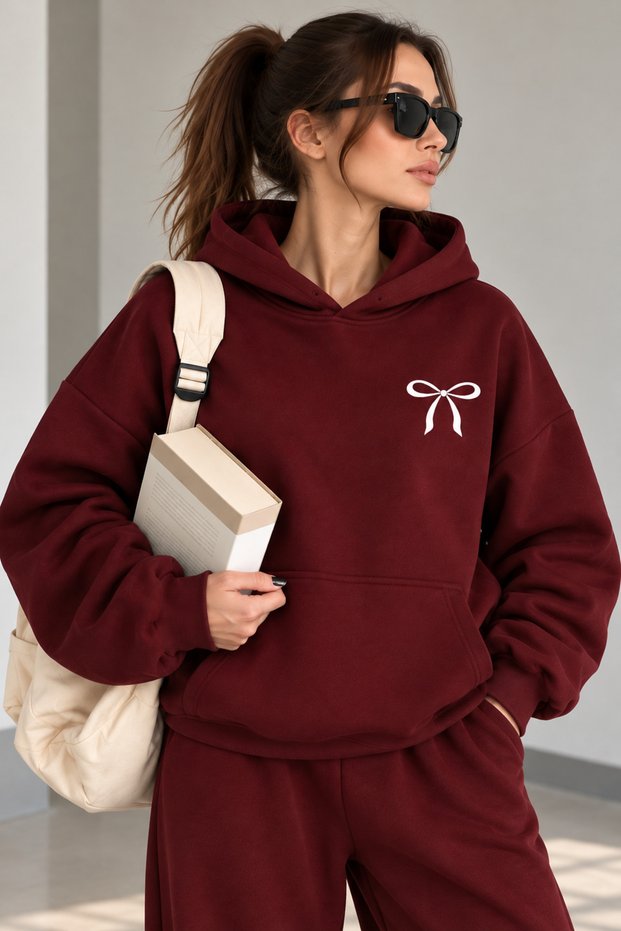 Burgundy Hooded Sweatshirt with Bow Print