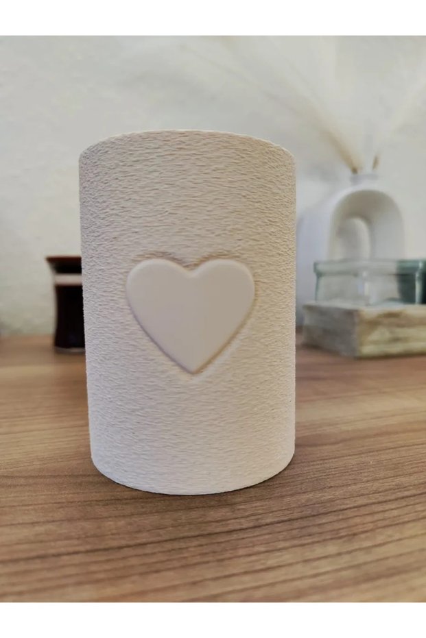 3D Printed Motif Cylinder Pen Holder Makeup Brush Organizer with Embossed Heart Design - White B