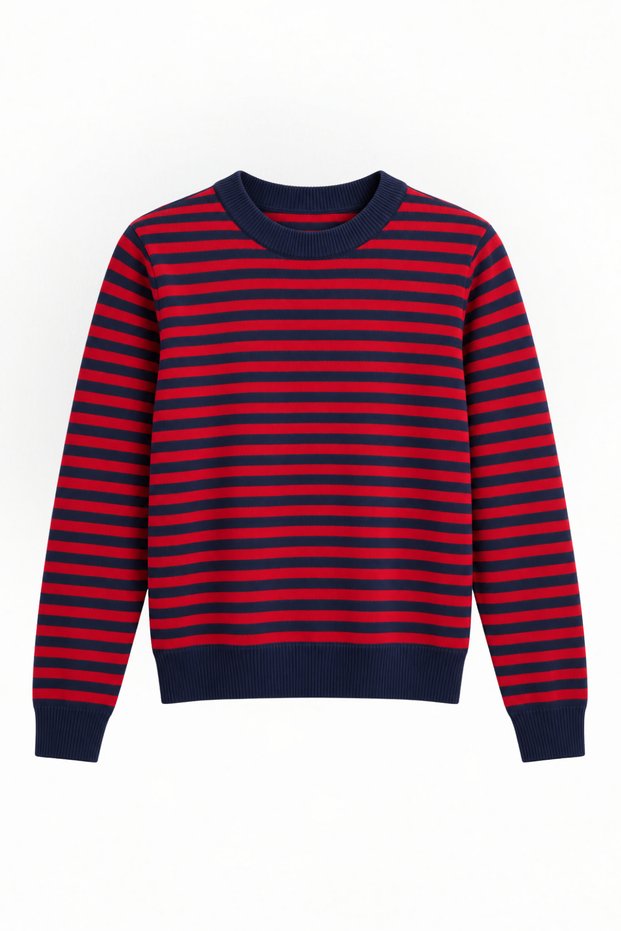 Women's Knitwear Red Navy Blue Striped Crew Neck Soft Textured Sweater