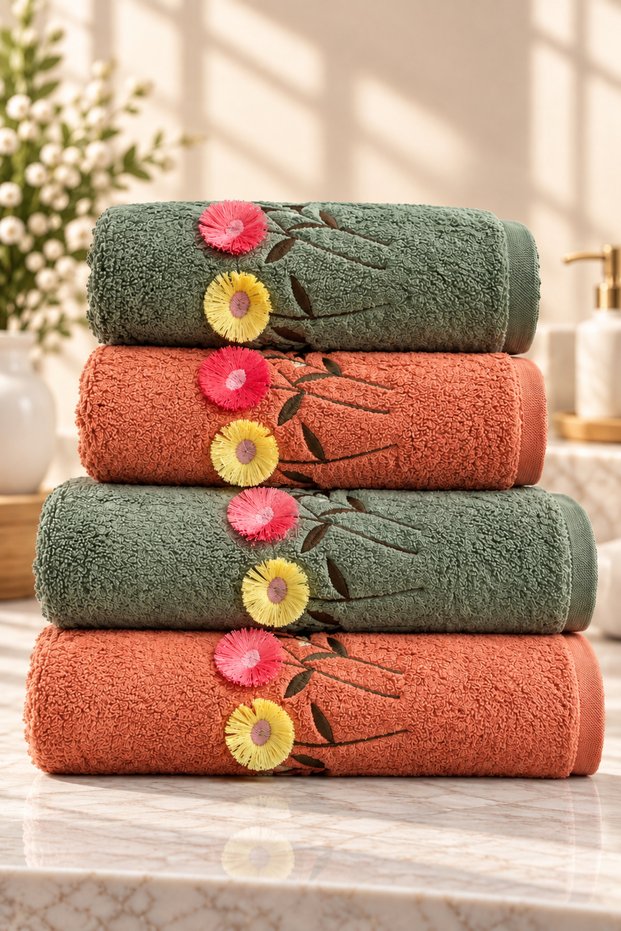 4-Piece Embroidered Bath Set 100% Cotton (2 Pieces 70X140 cm Bath Towels, 2 Pieces 50X90Cm Hand, Face, Hair Towels), Heavy Weight, High Absorbency