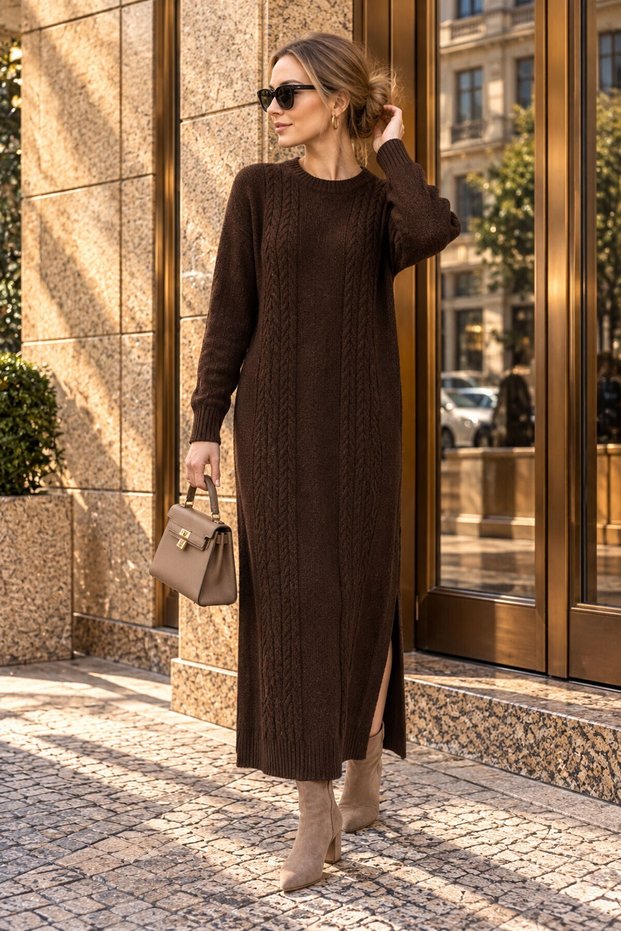 Women's Bitter Brown Knitted Patterned Crew Neck Slit Long Knitwear Dress