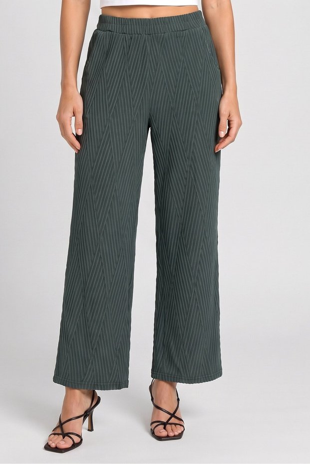 Women Regular Fit Textured Straight Leg Pants, Green