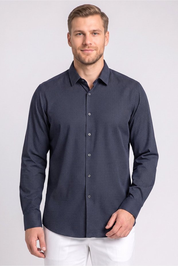 Men Stretch Fit Polka Dots Long Sleeve Casual Shirt, Multicolor