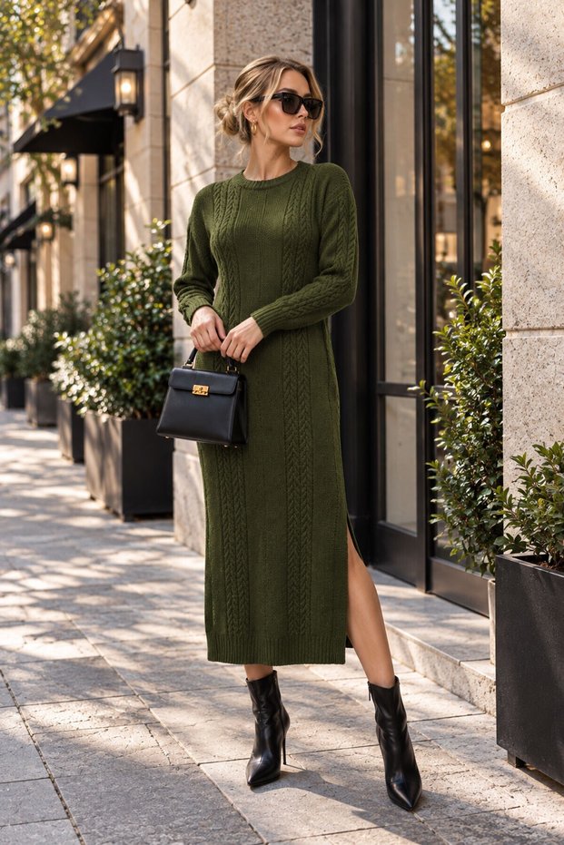 Women's Khaki Khaki Knitted Patterned Crew Neck Slit Long Knitwear Dress
