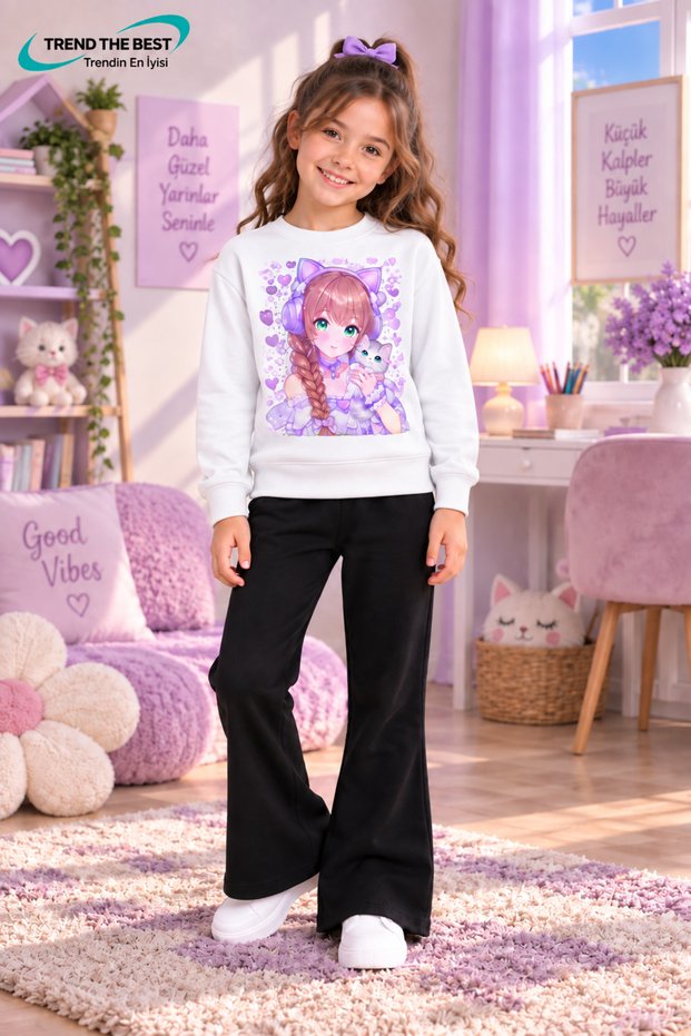 Winter, Spring, and Autumn Girls' Black Spanish Flared Bottoms and White Sweat Top