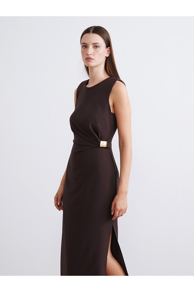 Nevavm with Difference Lcw Vision Brown Crepe Plain Narrow & Slim Oval Neck Long Dress