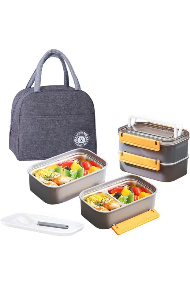 Stainless Steel Lunch Box Insulated Bento Box Multifunctional Containers Food Containers with 2 Compartments,Tableware, Nylon insulation bag