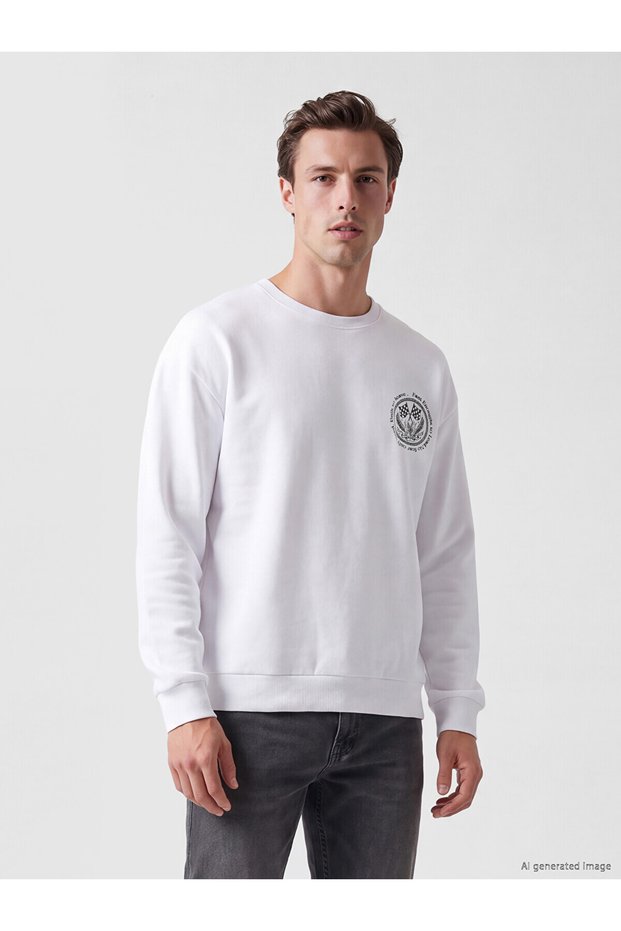 Peak New Season White Crew Neck Printed Men's Sweatshirt