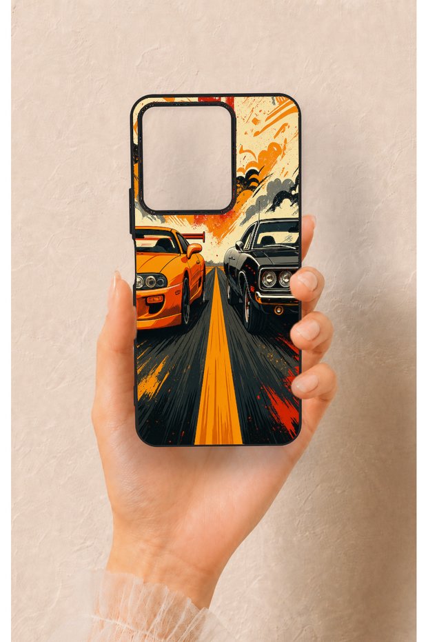 Vivo Y35 Compatible Orange and Black Car Patterned Silicone Case