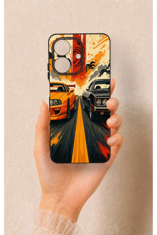 حافظة سيليكون متوافقة مع هاتف Realme Note 60 بنمط السيارة باللونين البرتقالي والأسود