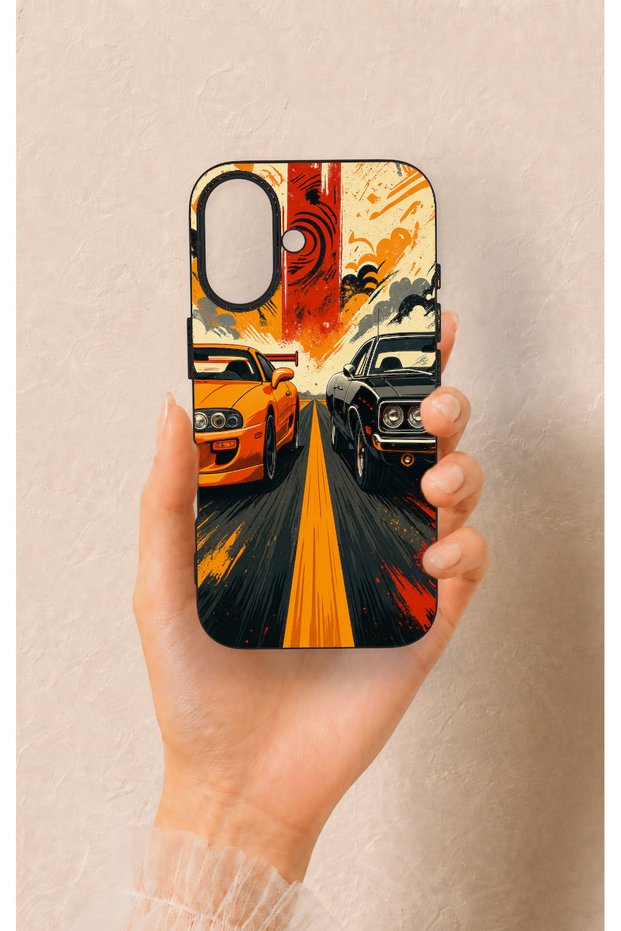 iPhone 16 Compatible Orange and Black Car Pattern Silicone Case