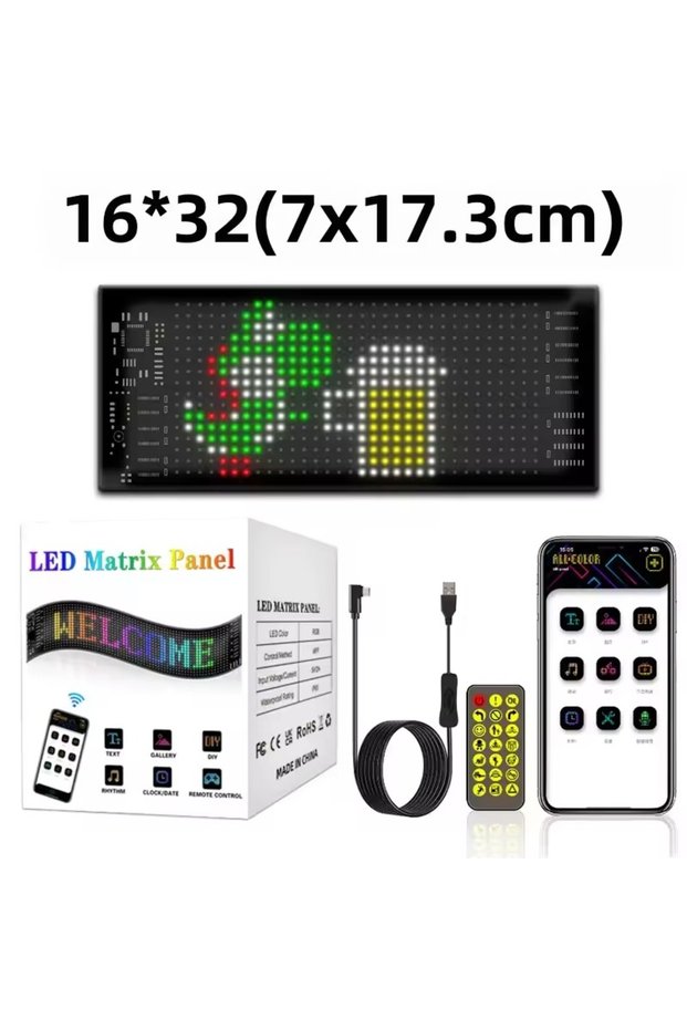 لافتة LED قابلة للبرمجة 16×32 LED، 7×17 سم، شاشة عرض مرنة قابلة للتمرير، تحكم عبر تطبيق البلوتوث، نص مخصص