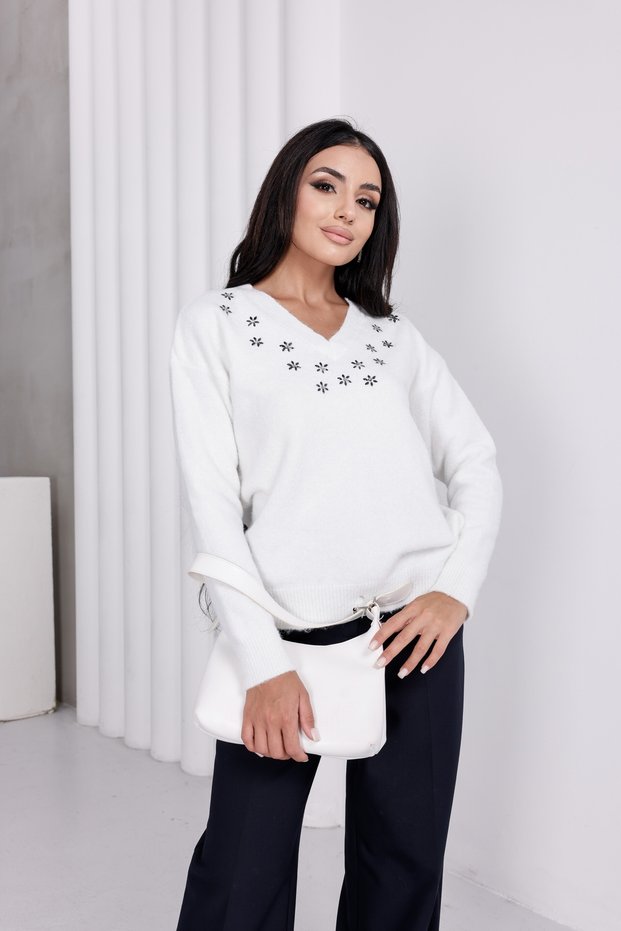 V-Neck Floral Stone Embellished Sweater