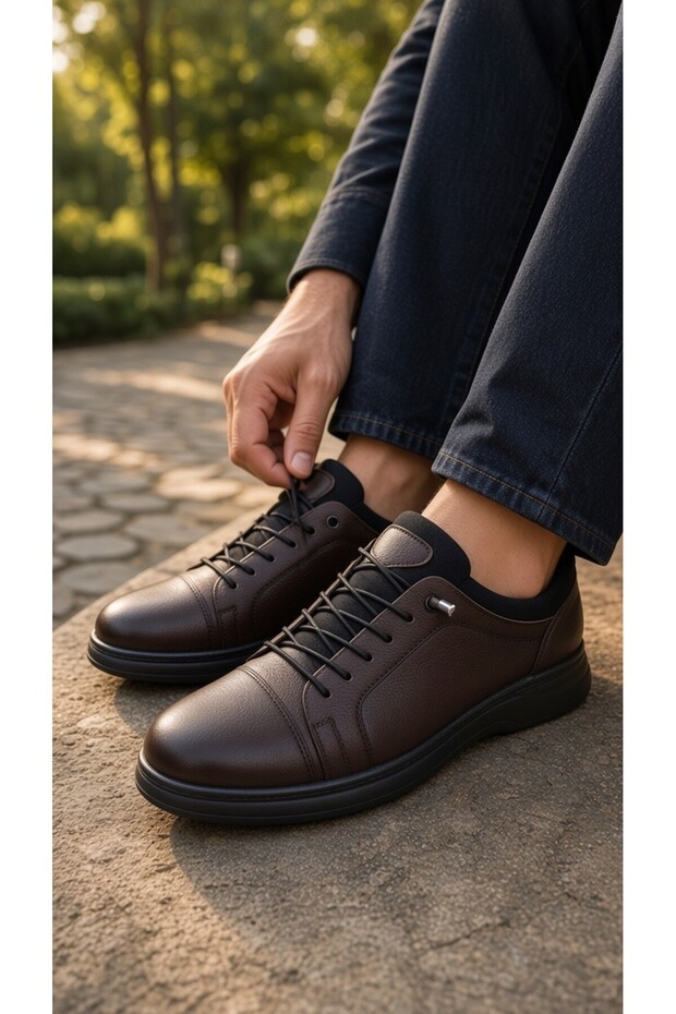 Genuine Leather Men's Daily Lace-Up Casual Shoes – Brown
