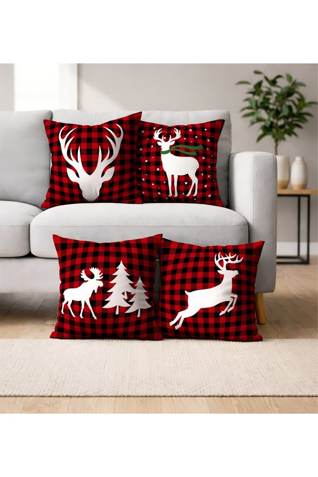 New Year, Christmas, Christmas Themed Stylish Decorative Printed Set of 4 Throw Pillow Covers