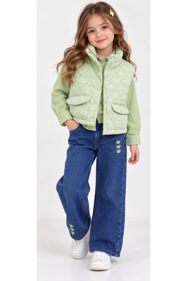Girl's Heart Patterned Quilted Vest, Muslin Fabric Shirt, Jeans, Mint Green Color Three-Piece Set