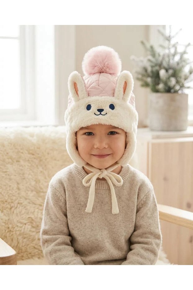 (2-6 Years Old) Girls' Welsoft Beanie with Ear Protection Winter Rabbit Hat Beanie Plush Beanie