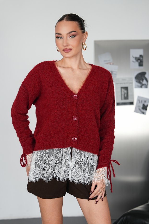 Women's Lace Detailed V-Neck Lace-Up Knitwear Cardigan