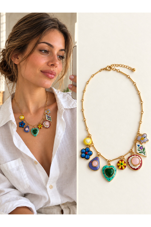 Solana Colorful Figured Charm Detailed Necklace for Women Water Green